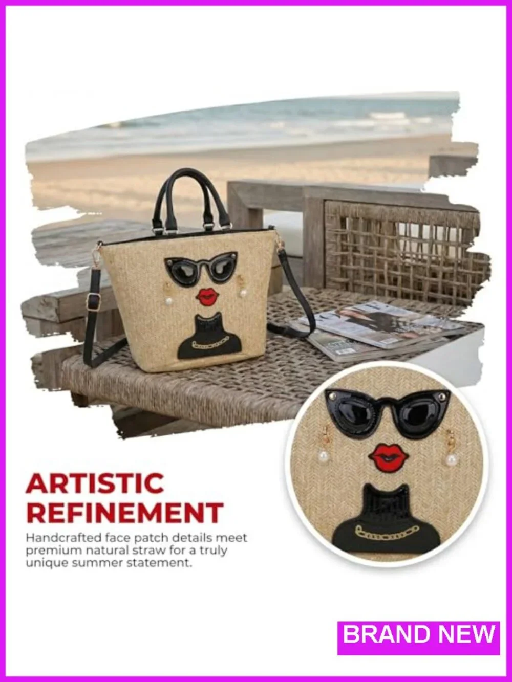 Funky Lady Face Straw Tote Bag Top Handle Satchel Shoulder Bag Purse